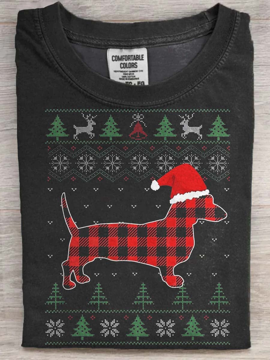 T-shirt à manches courtes décontracté imprimé teckel de Noël