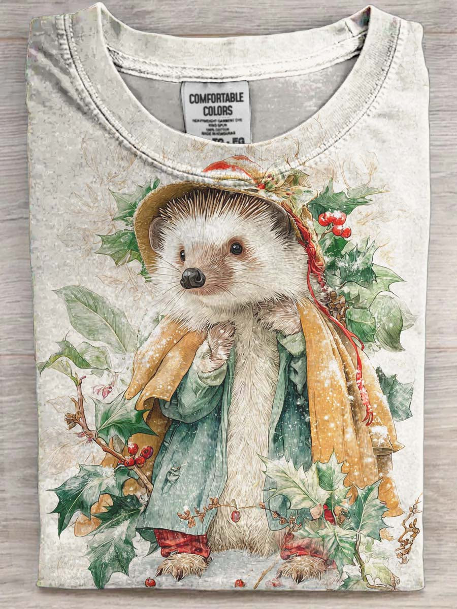 T-shirt Décontracté Hérisson de Noël Imprimé à Manches Courtes