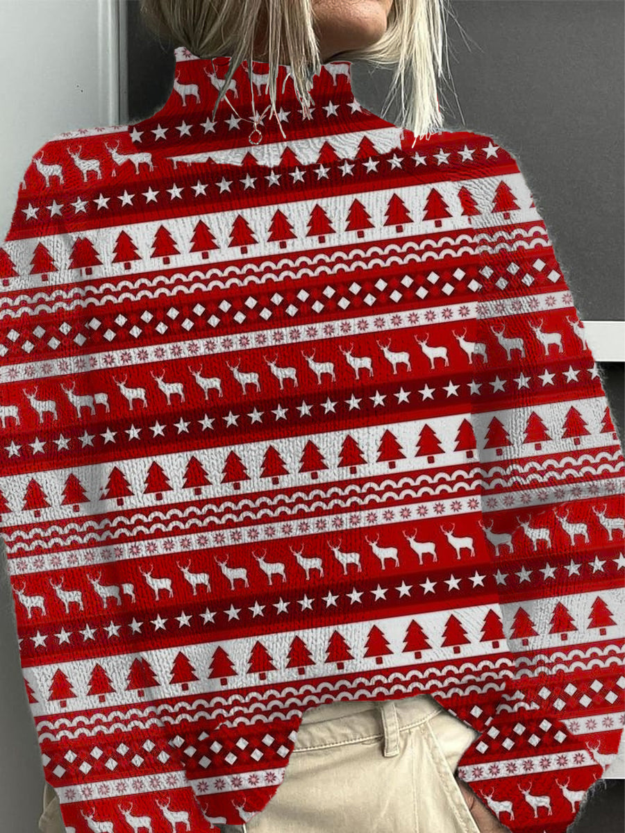 Chandail à col montant et renne rouge festif pour femme