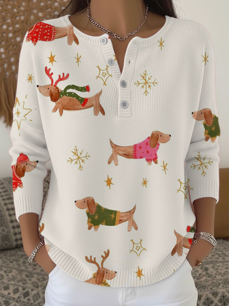 Pull Henley Festive Teckel Imprimé Noël Femme