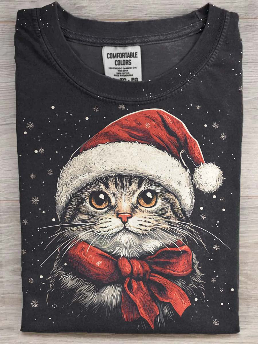 T-shirt Décontracté Chat de Noël Imprimé à Manches Courtes