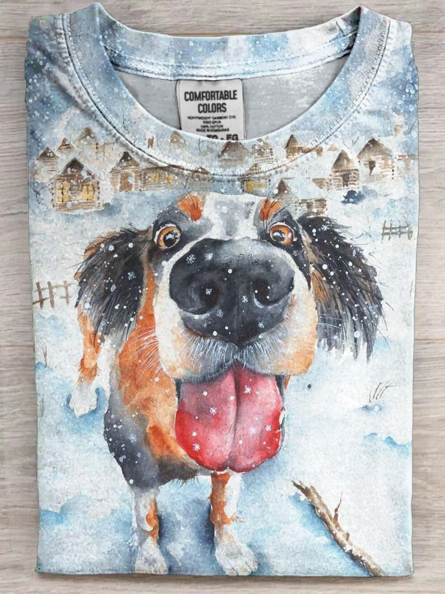 T-shirt Décontracté à Manches Courtes Imprimé Chiot Flocon de Neige