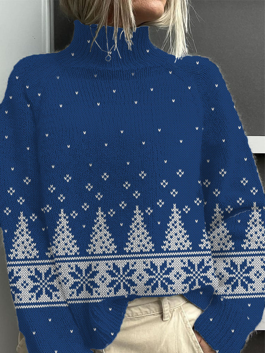 Pull Femme Bleu Classique Arbre De Noël à Col Montant