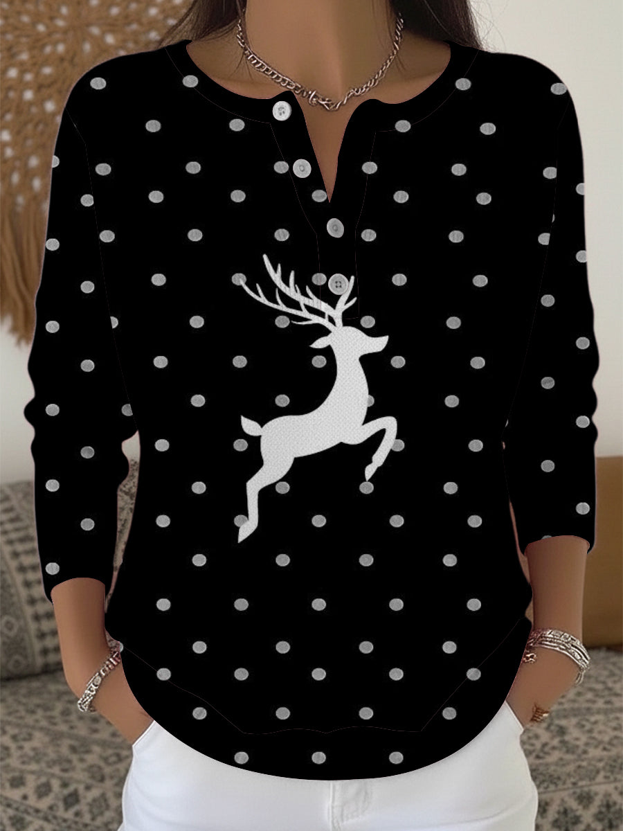 Pull Henley à imprimé renne à pois élégant pour femmes