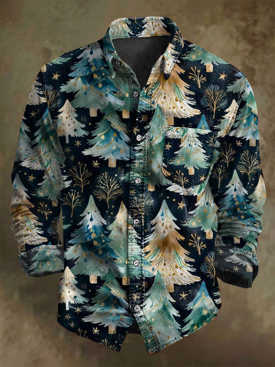 Chemise Décontractée Abstraite Arbre de Noël Imprimé à Manches Longues
