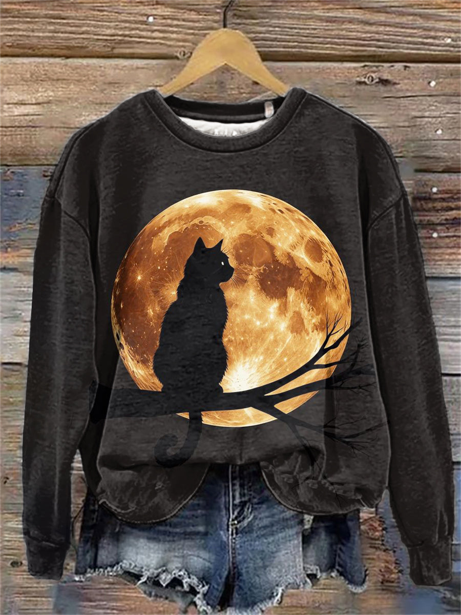 Sweat-shirt Femme Imprimé Lune Et Chat