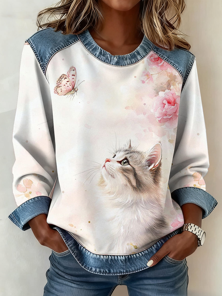 Femmes Plantes Fleurs Chat Motif Patchwork Art Sweatshirt