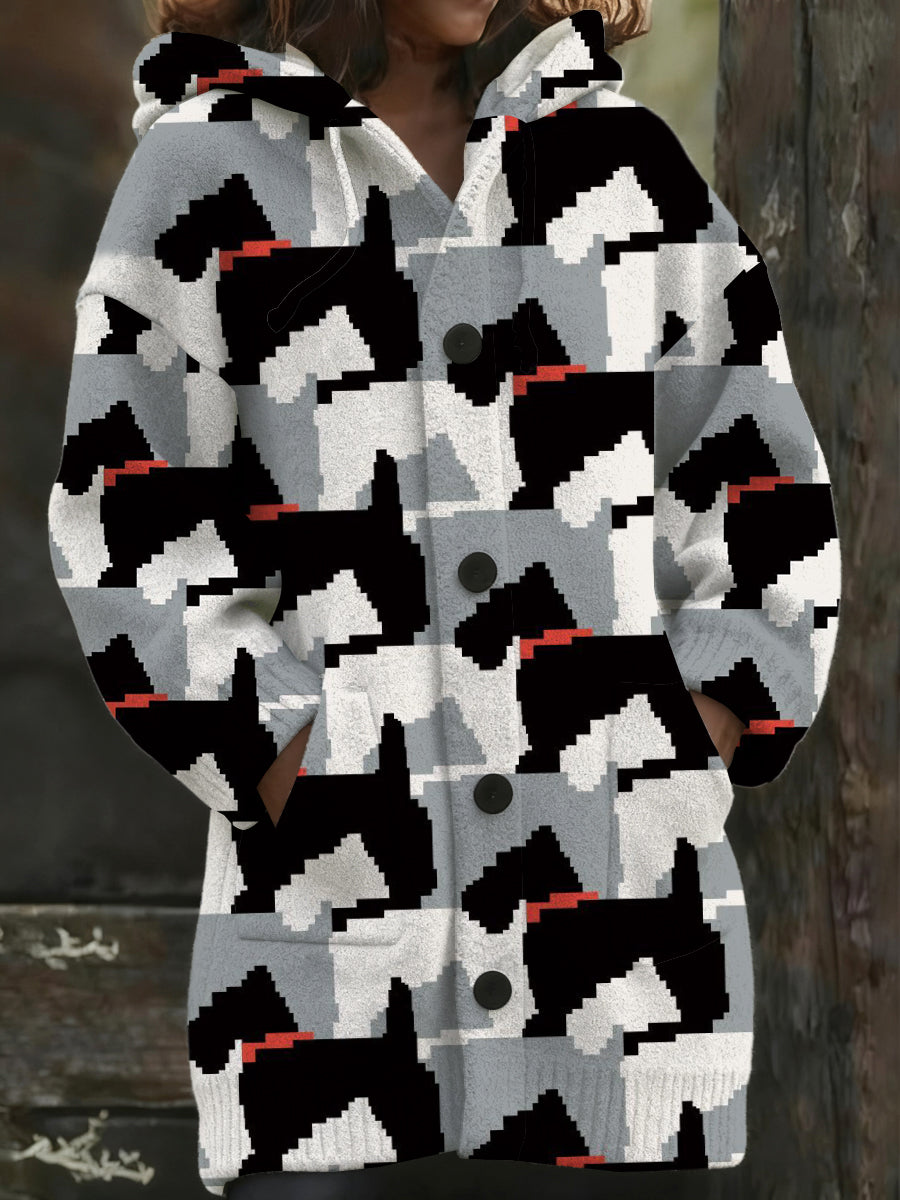 Manteau long à capuche imprimé chien géométrique élégant pour femmes