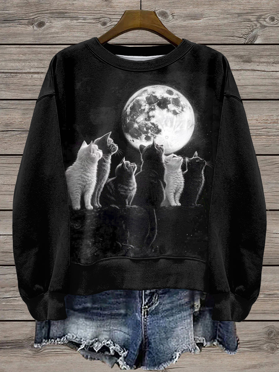 Sweat-shirt Femme Imprimé Lune Et Chats