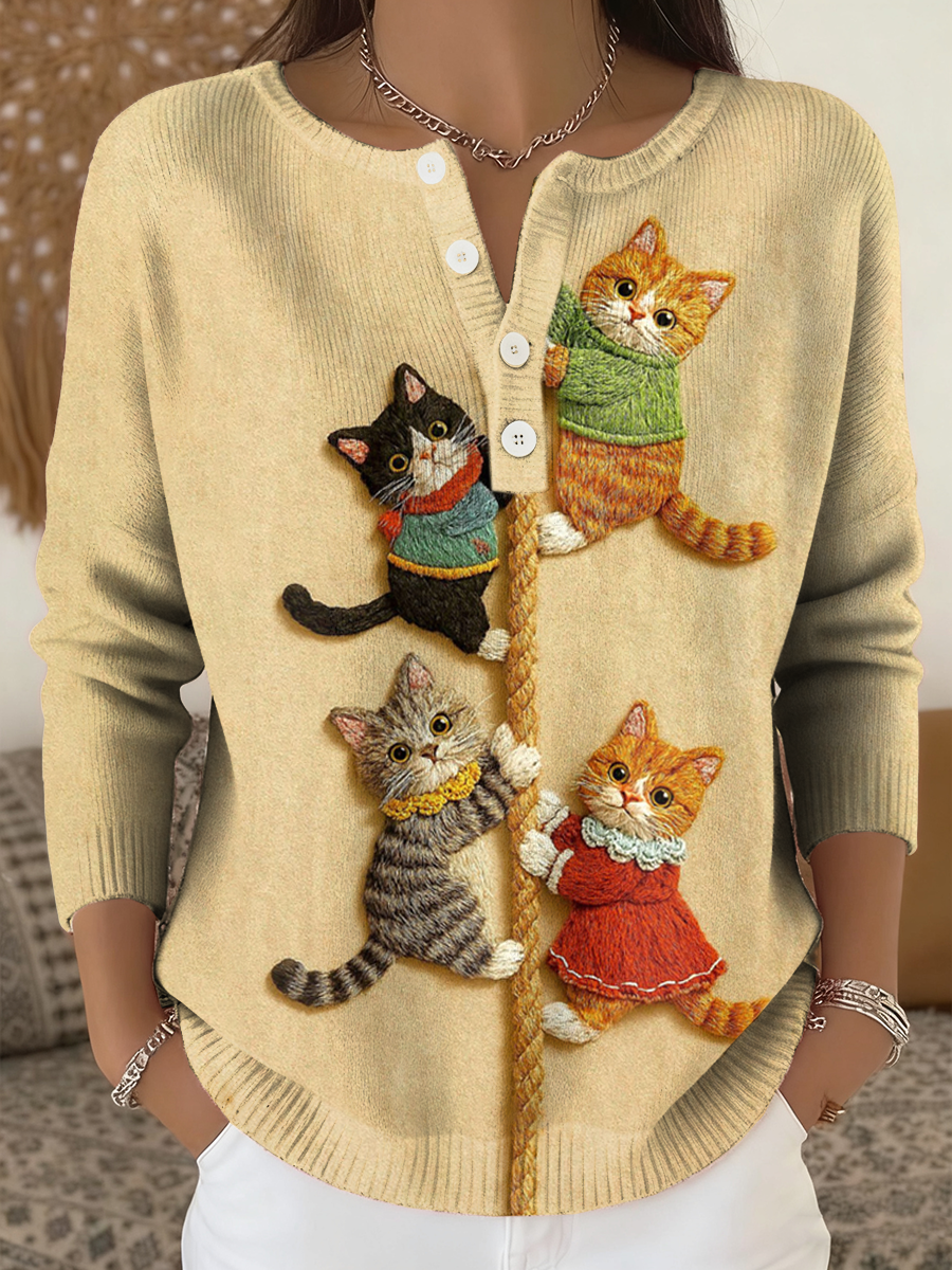 Cardigan à manches longues pour femme imprimé chat mignon
