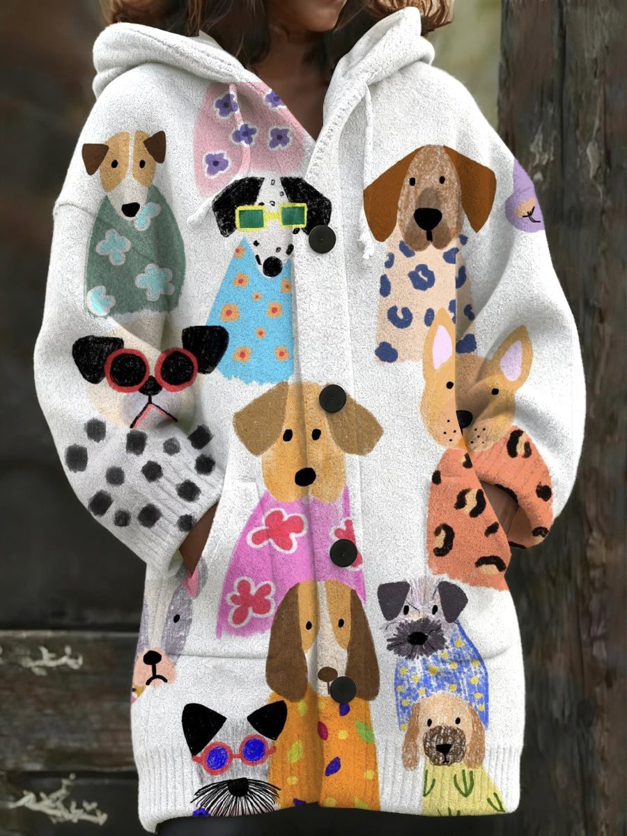 Manteau Long à Capuche Imprimé Chien Coloré Femme