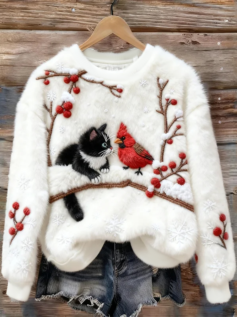 Sweat-shirt en flanelle art chat mignon de Noël pour femmes