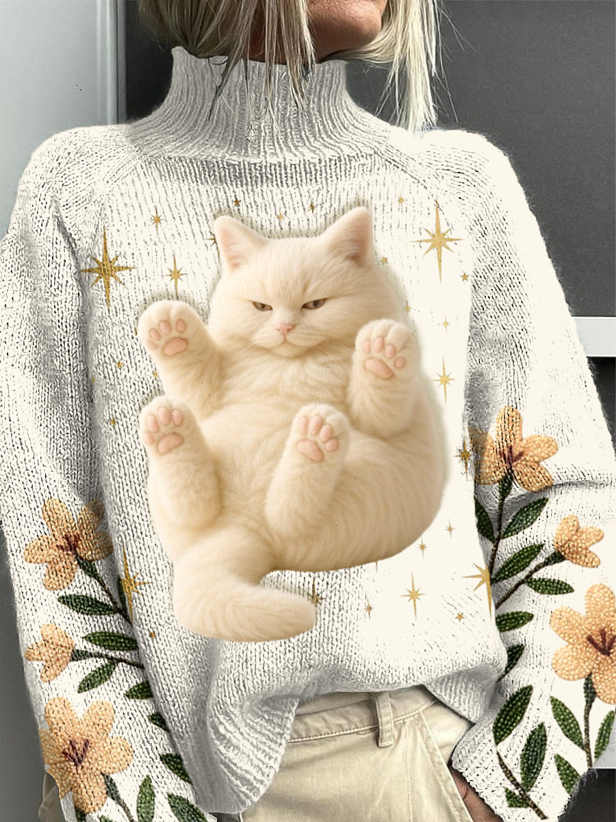 Pull décontracté pour femme Floral Cute Cat