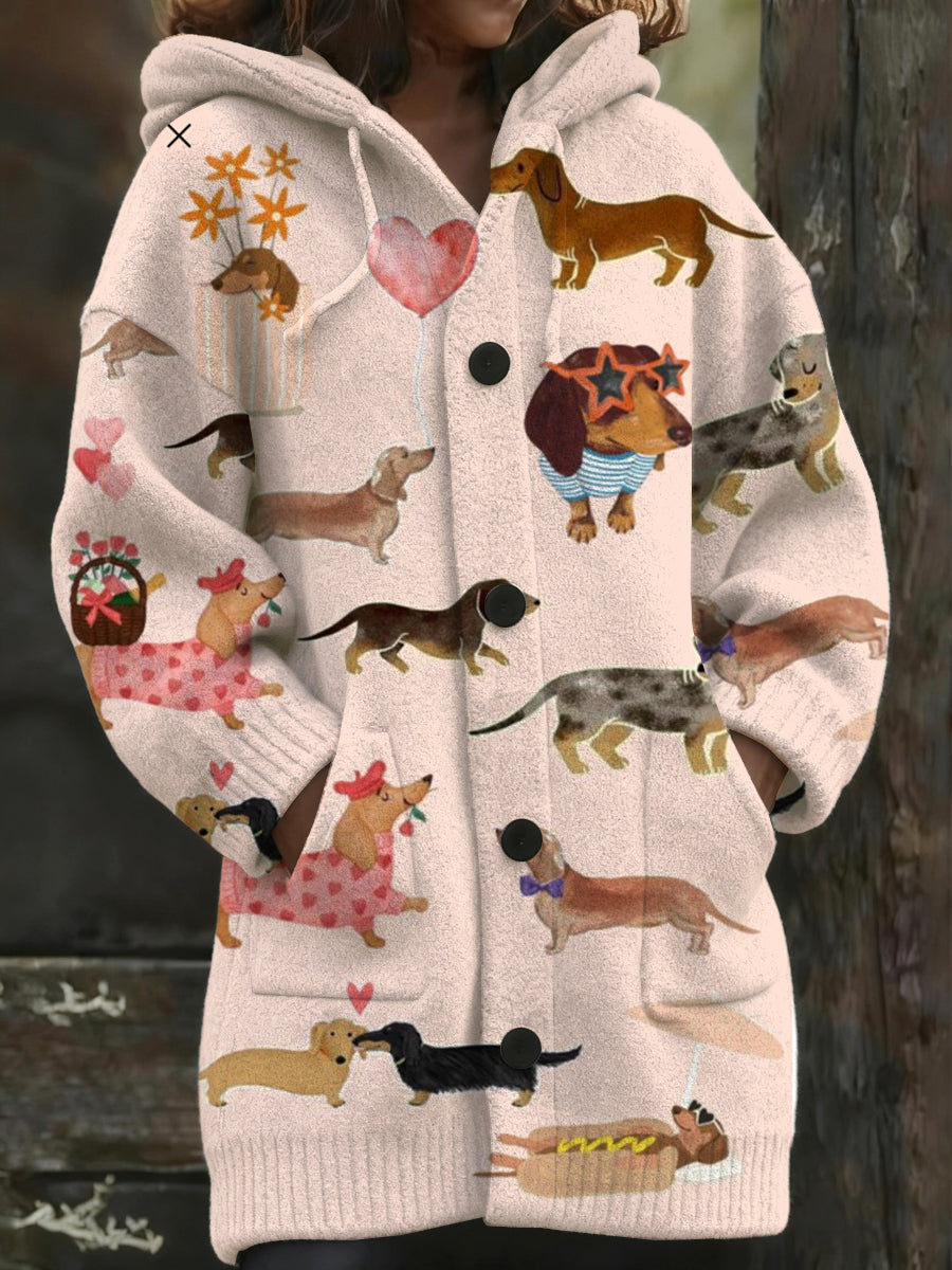 Manteau long à capuche à imprimé teckel pour femmes