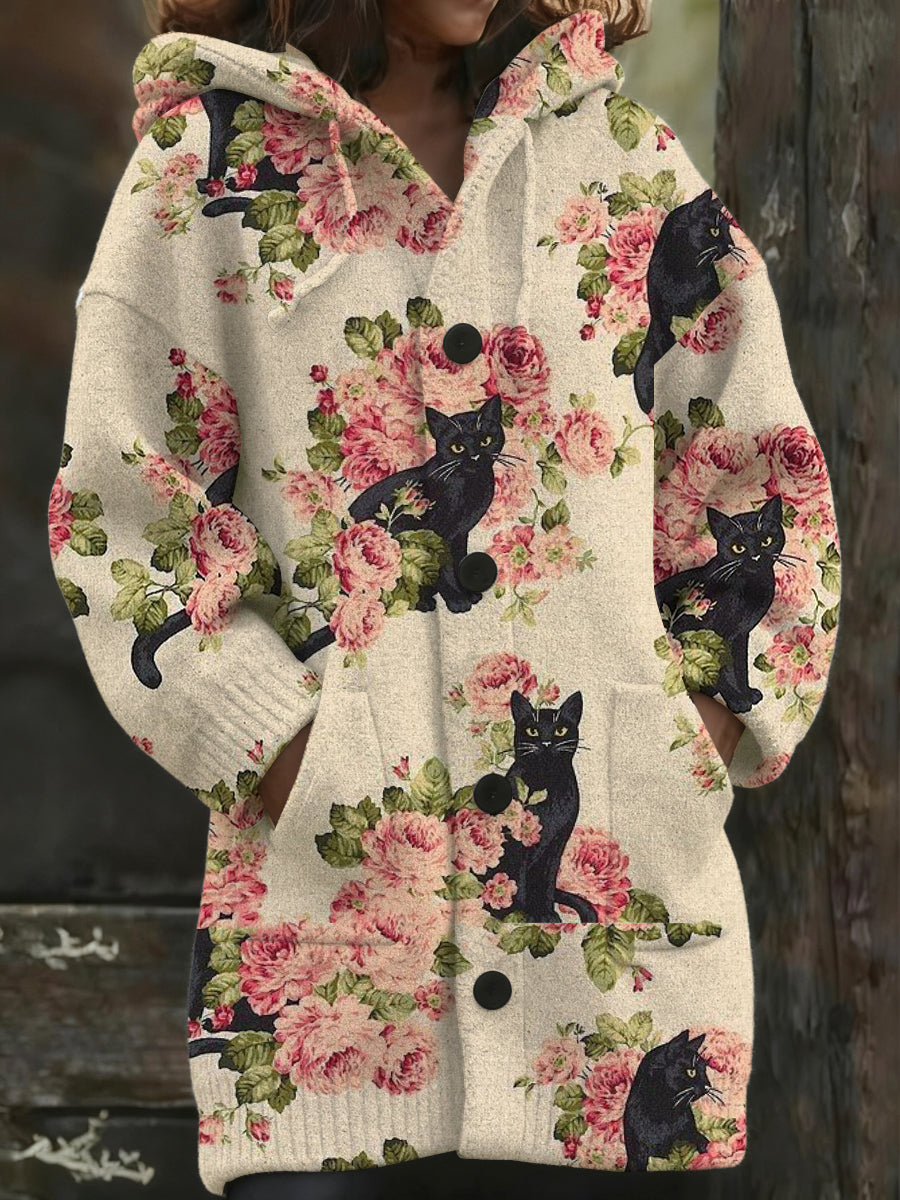 Manteau long à capuche à imprimé floral et chat romantique pour femmes