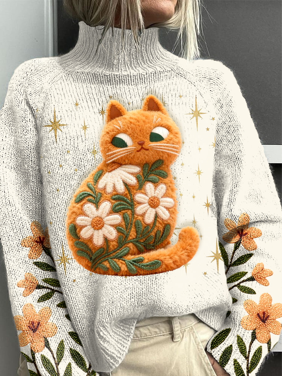 Pull décontracté pour femme chat en velours floral