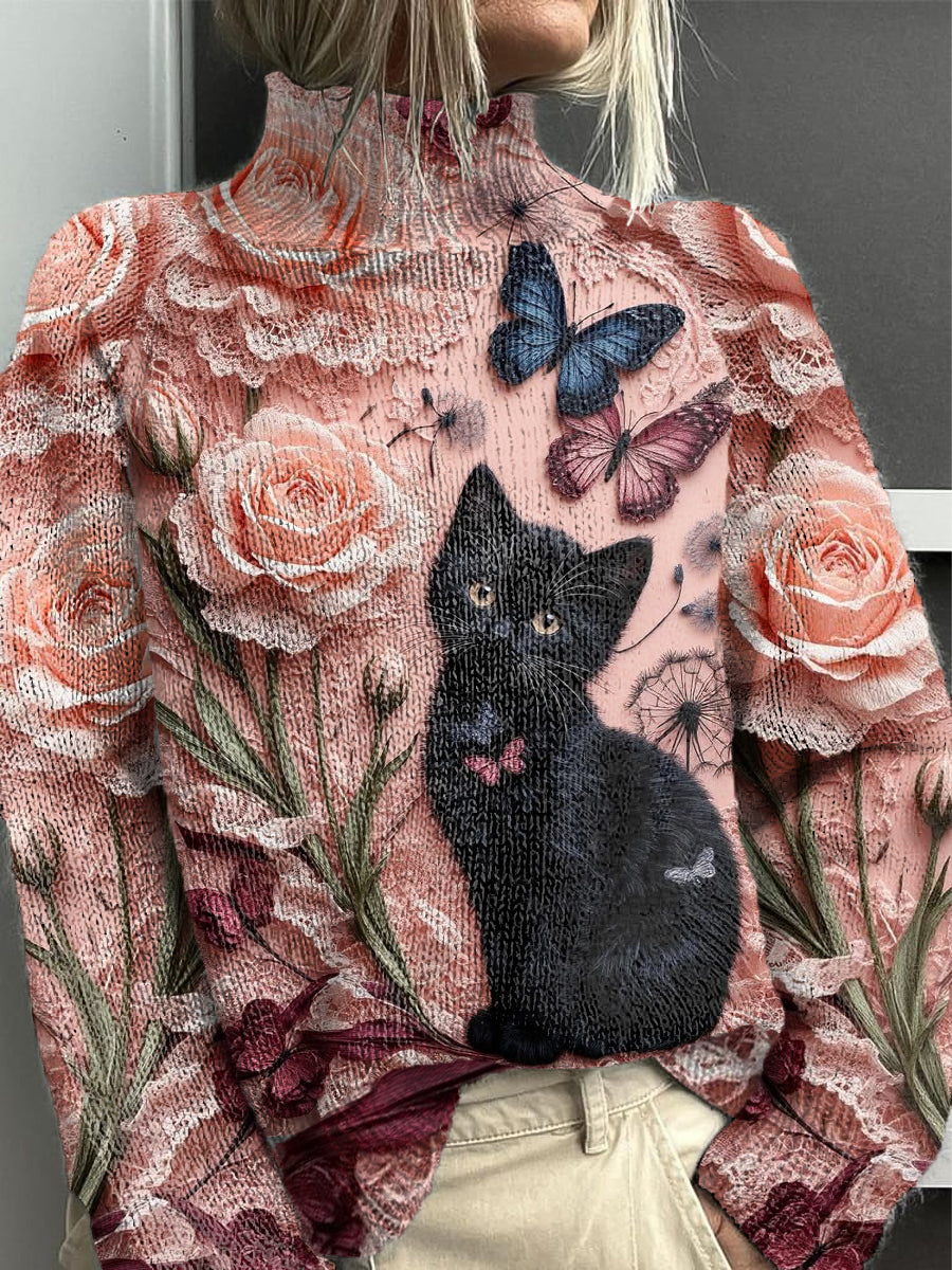 Pull Femme Rose Floral Cat