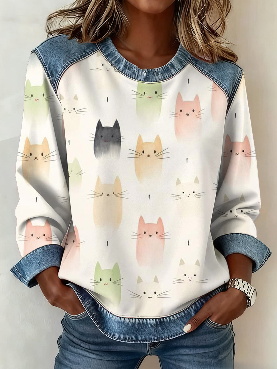 Motif Animal Mignon Patchwork Art Sweatshirt des femmes