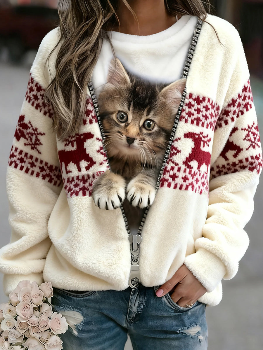 Rétro Noël Animal Art Imprimer confortable Flanelle Sweatshirt des femmes