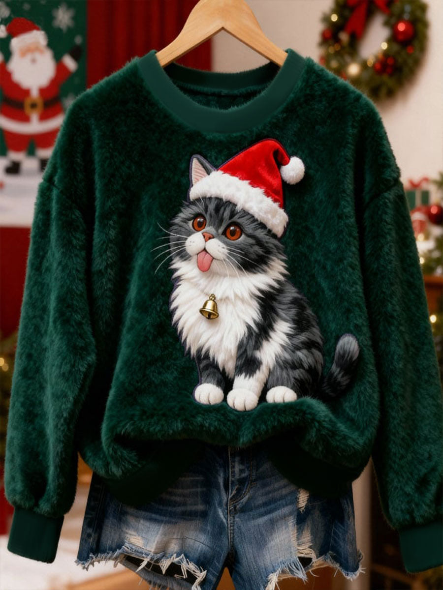 Sweat à capuche en flanelle chat de Noël pour femme
