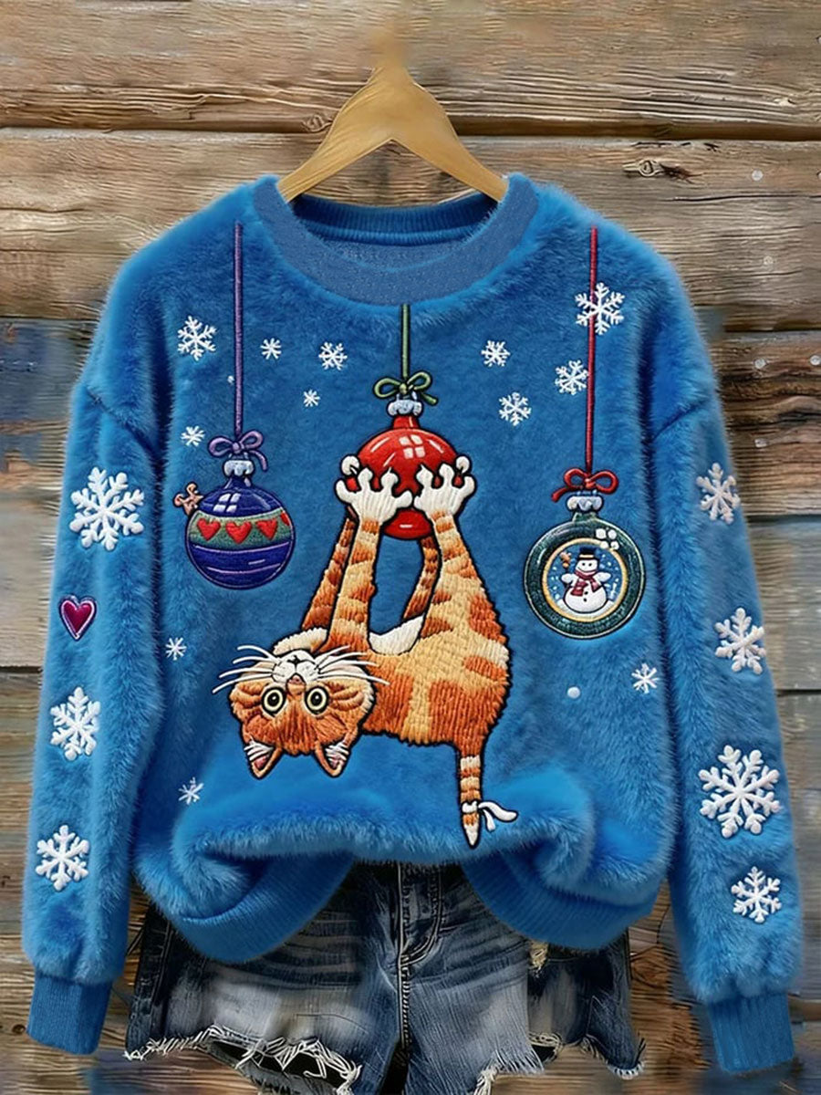 Sweat à capuche en flanelle chat de Noël pour femme
