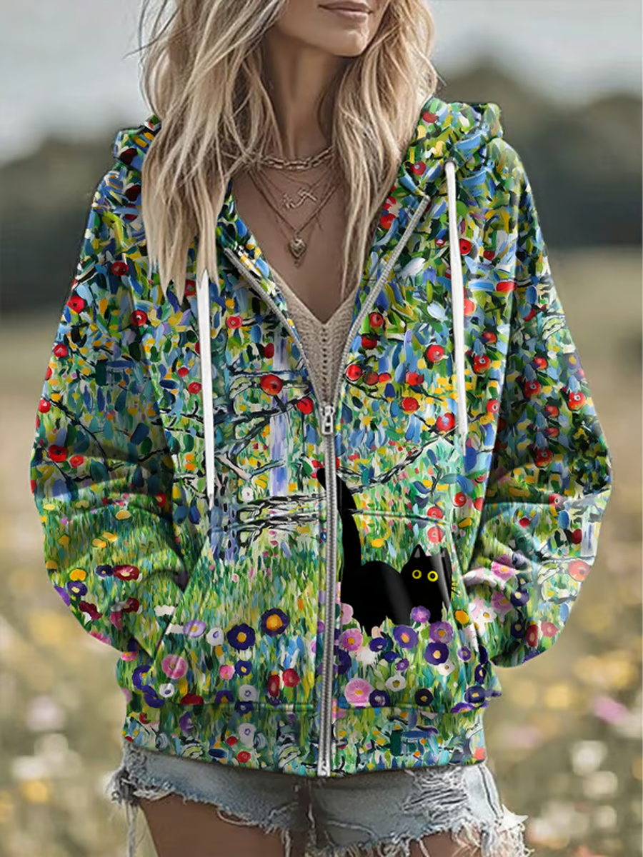 Sweat à capuche zippé imprimé chat mignon pour femmes