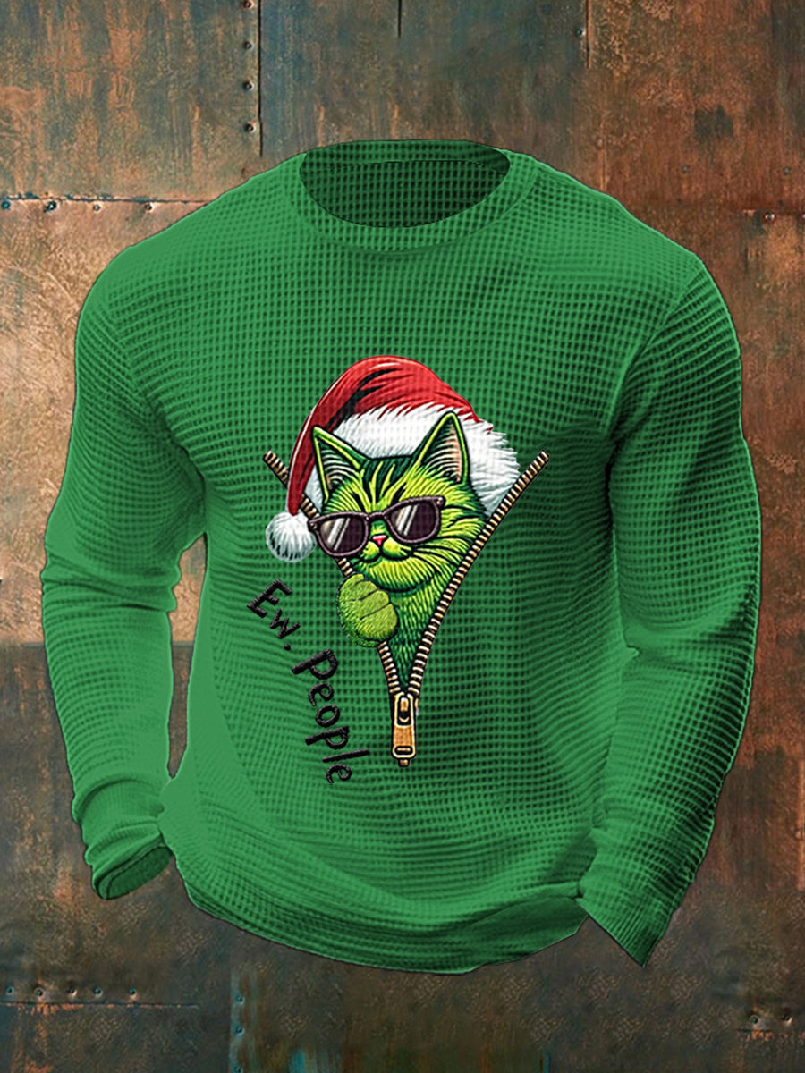 Funny Christmas Grinch Cat Print Casual Waffle Top à manches longues pour hommes