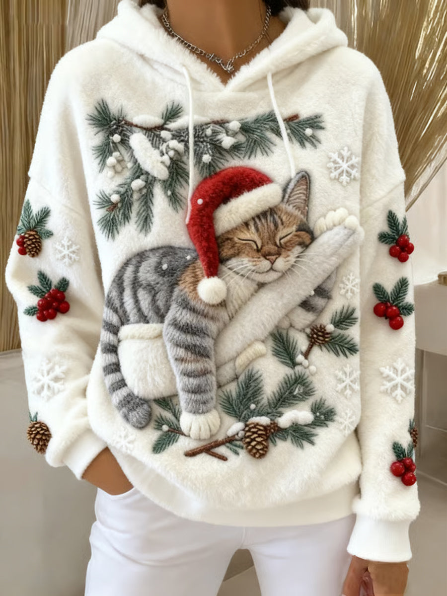 Mignon de Noël Cat Art Print Casual Flanelle Hoodie des femmes