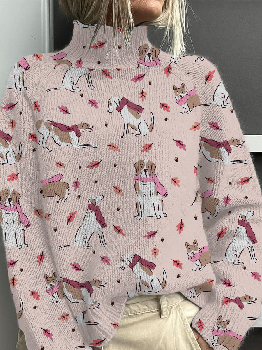 Femmes Belle Automne Chien & Feuille Imprimer Mock Neck Pull