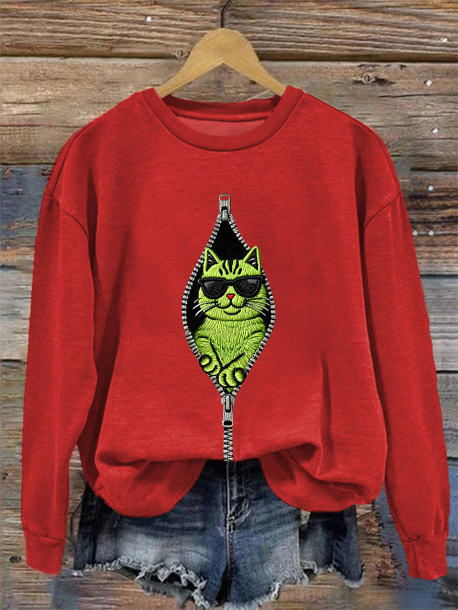 Sweat-shirt décontracté à imprimé chat Grinch pour femmes