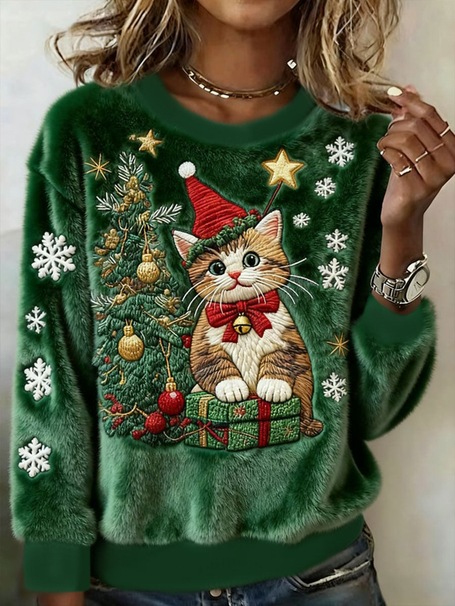 Sweat à capuche en flanelle chat de Noël pour femme