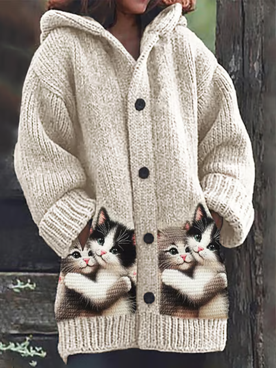 Manteau long en molleton composite à imprimé chat pour femmes