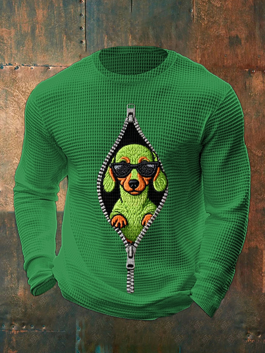 Drôle de Noël Grinch Teckel Imprimer Casual Waffle manches longues Top hommes