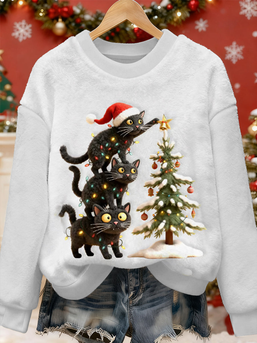 Pull en flanelle décontracté à imprimé d'art chat de Noël pour femmes