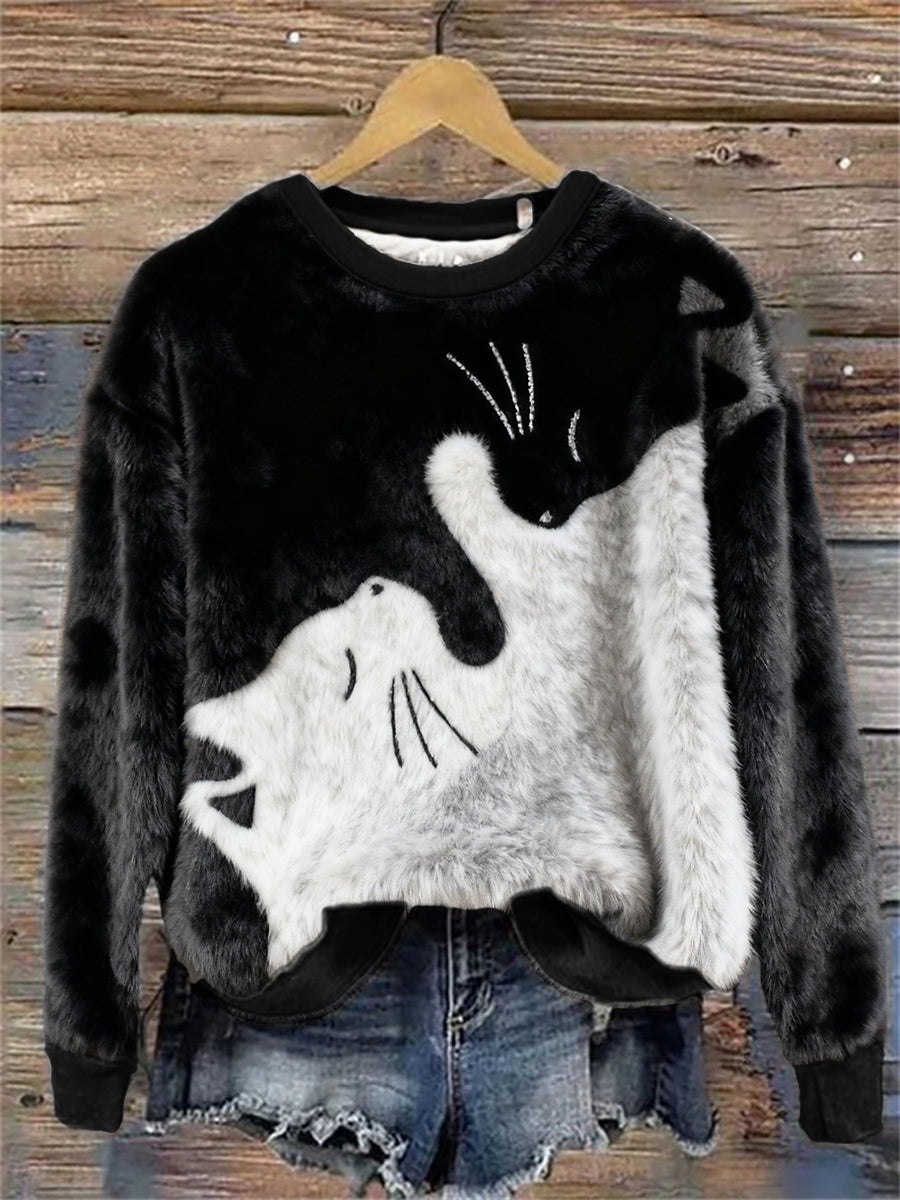 Sweat À Capuche En Flanelle Noir Et Blanc Cats Art Femme