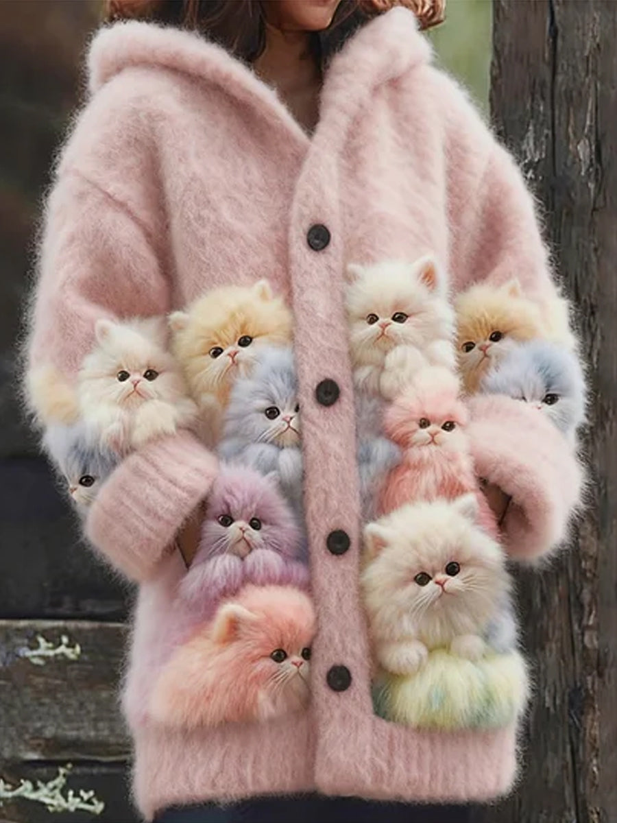 Cardigan à capuche confortable pour femmes Chats colorés Fuzzy