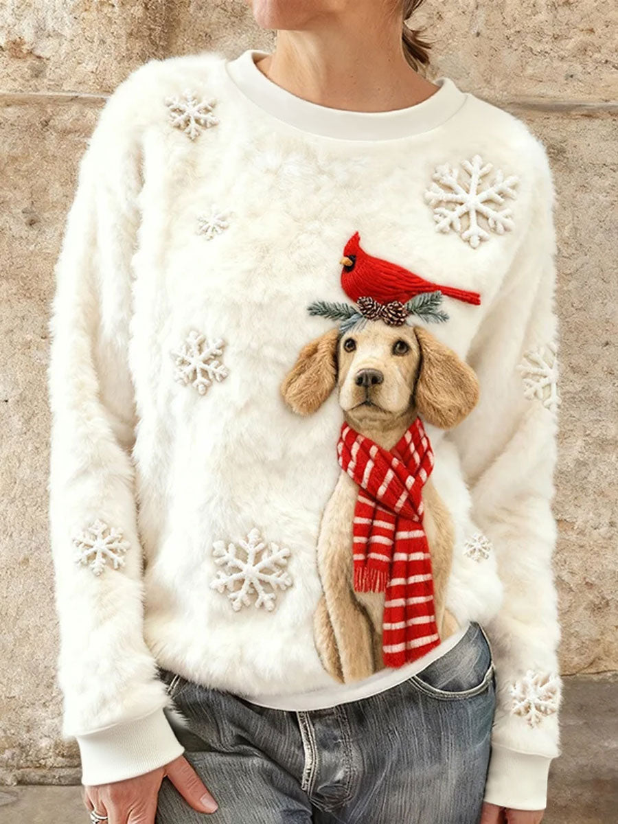 Femmes Mignon de Noël Golden Retriever & Bird Art Print Casual Flanelle Sweatshirt