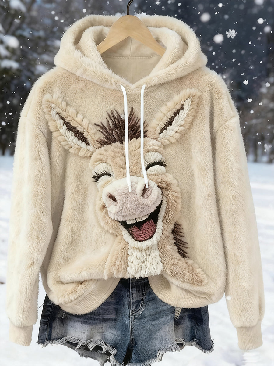 Sweat à capuche décontracté en flanelle pour femmes, imprimé d'art d'âne souriant