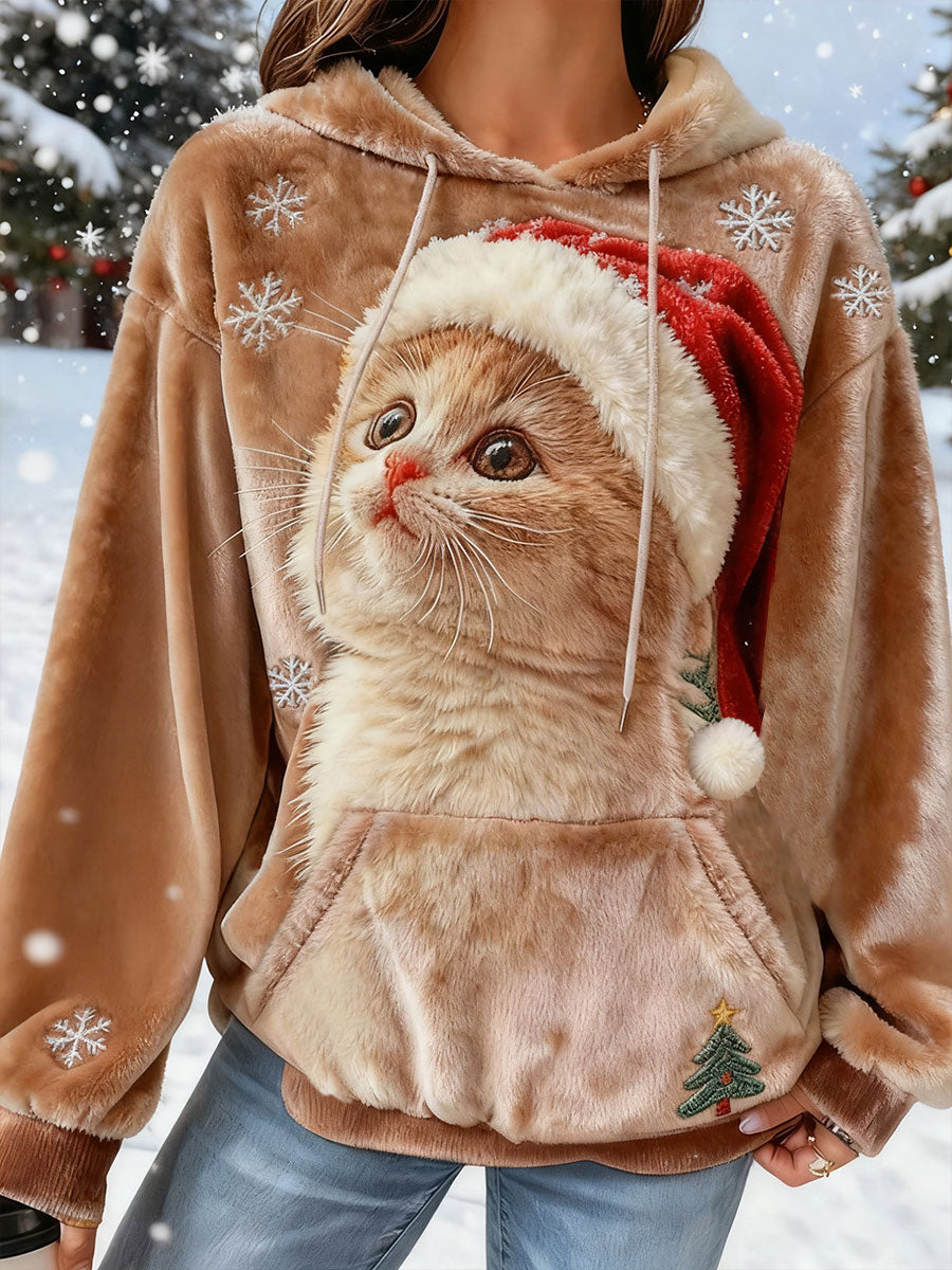 Mignon Noël Chat Art Imprimer Flanelle Casual Sweatshirt