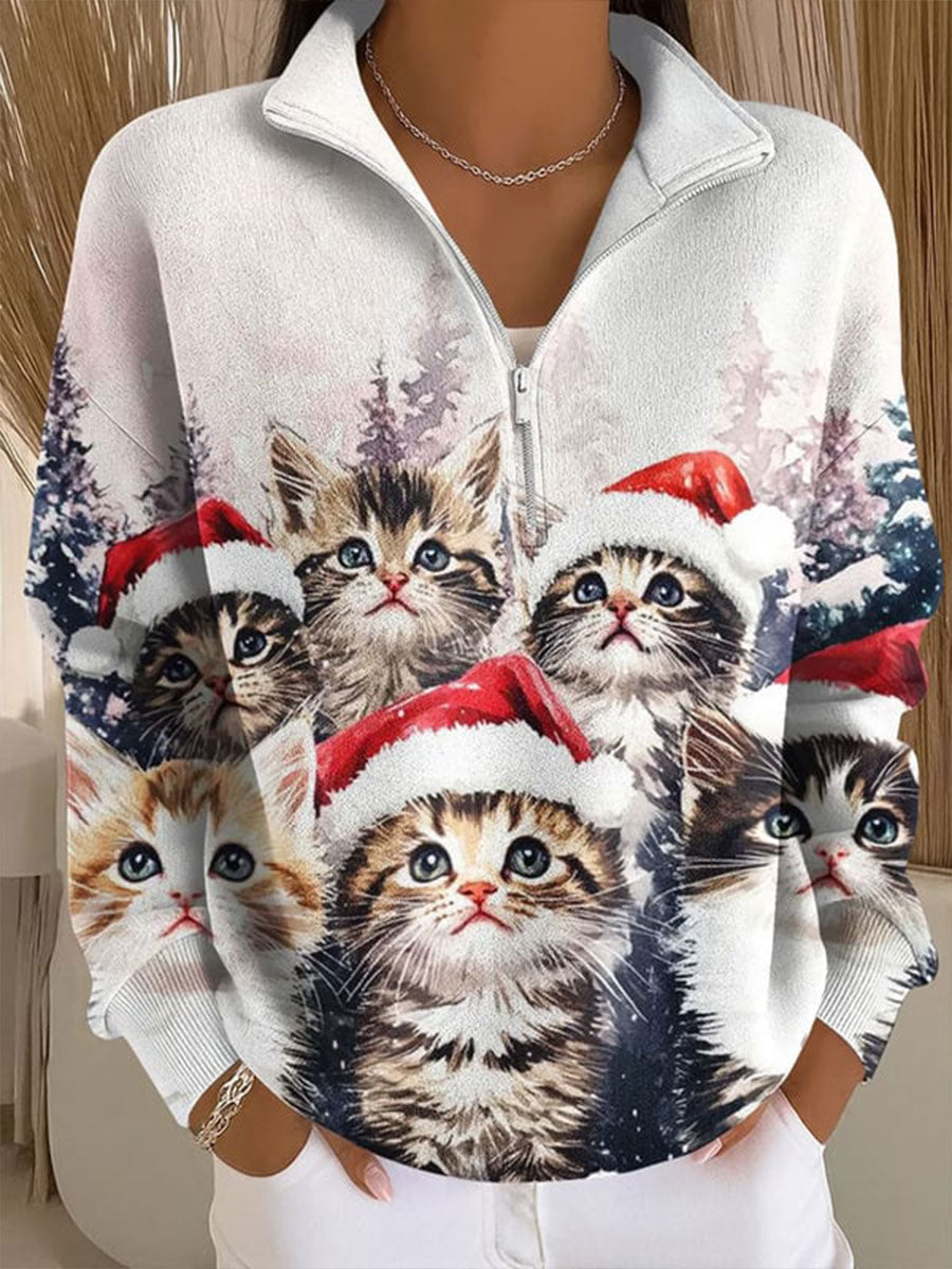 Femme Aquarelle Noël Chat Imprimer Zipper Crewneck Sweatshirt