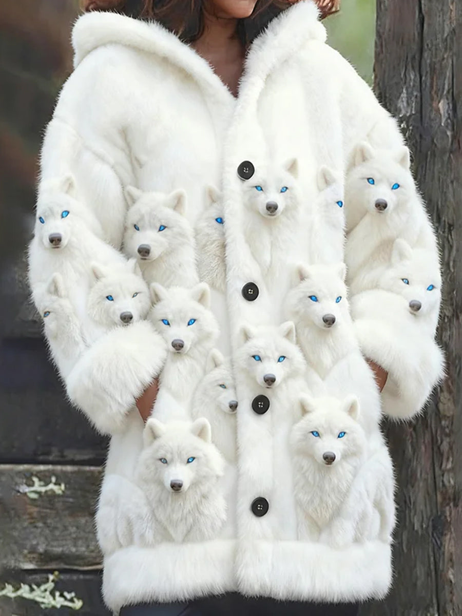 Manteau à capuche en peluche mi-long à imprimé renard pour femmes