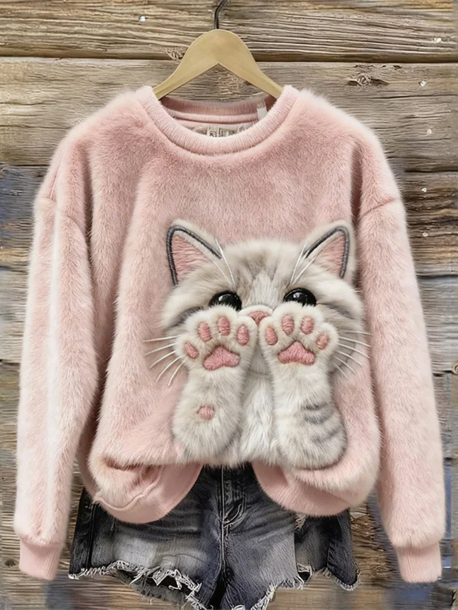 Sweat-shirt en flanelle à imprimé chat mignon pour femmes