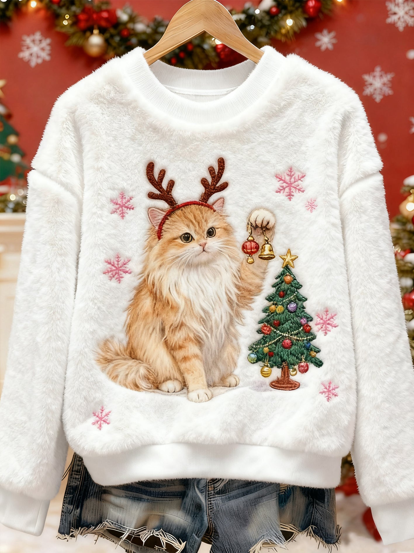 Pull décontracté en flanelle imprimé Art animal mignon de Noël pour femmes