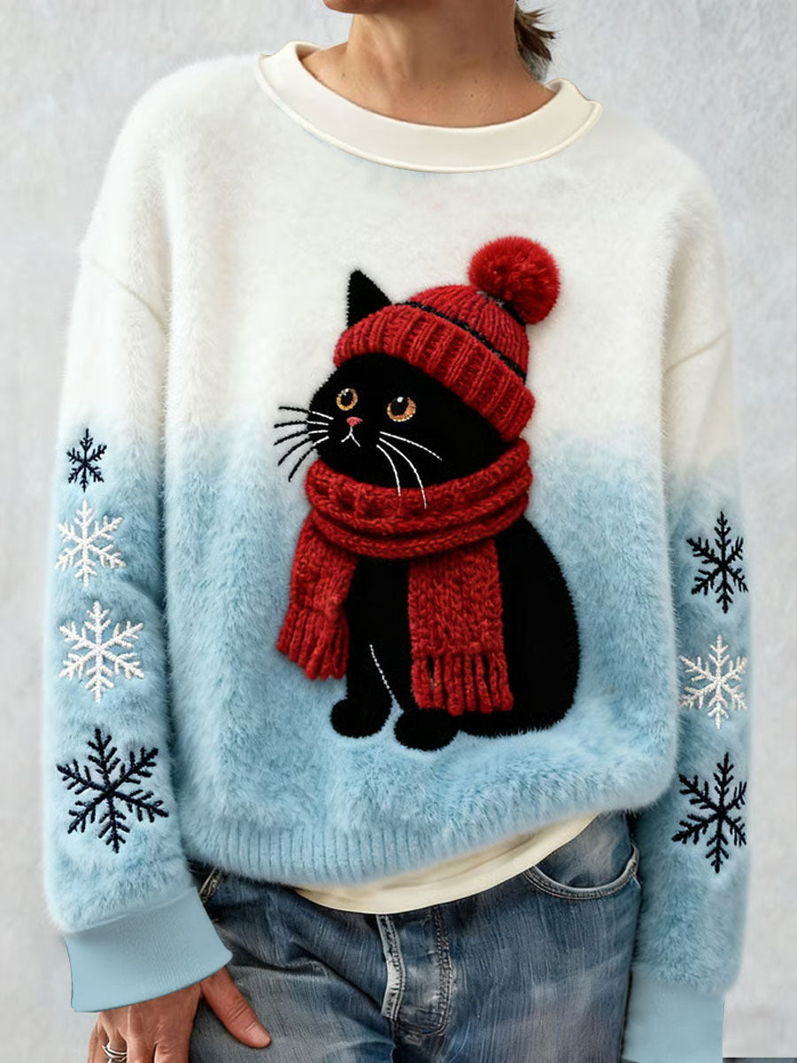 Mignon Noël Chat Art Imprimer Flanelle Casual Sweatshirt
