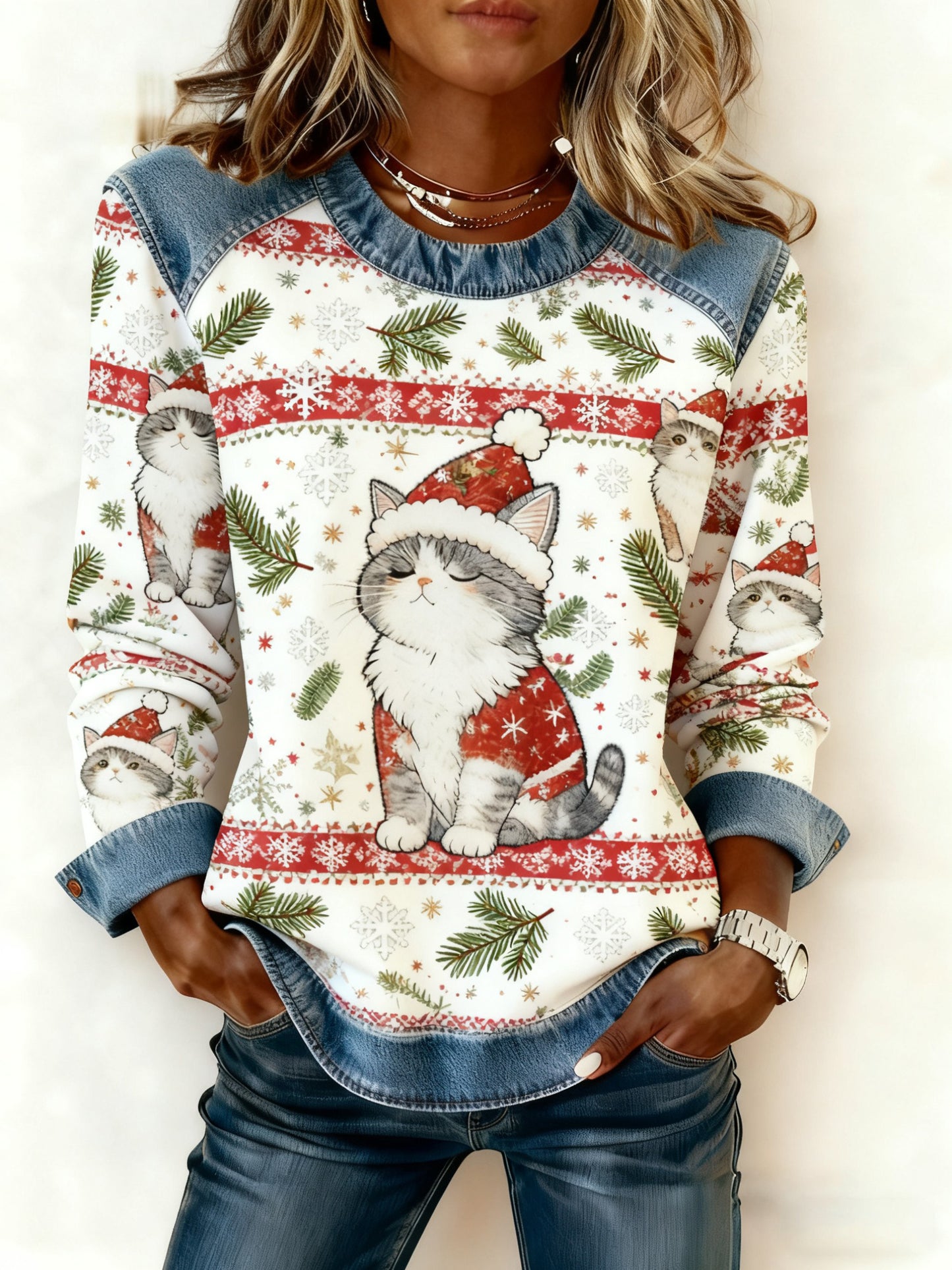 Les femmes de Noël Vintage Cat Denim Patchwork Sweatshirt