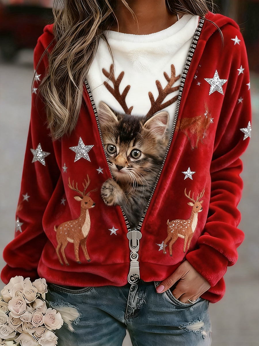 Top Décontracté en Flanelle Imprimé Art de Noël Animal Rétro Femme