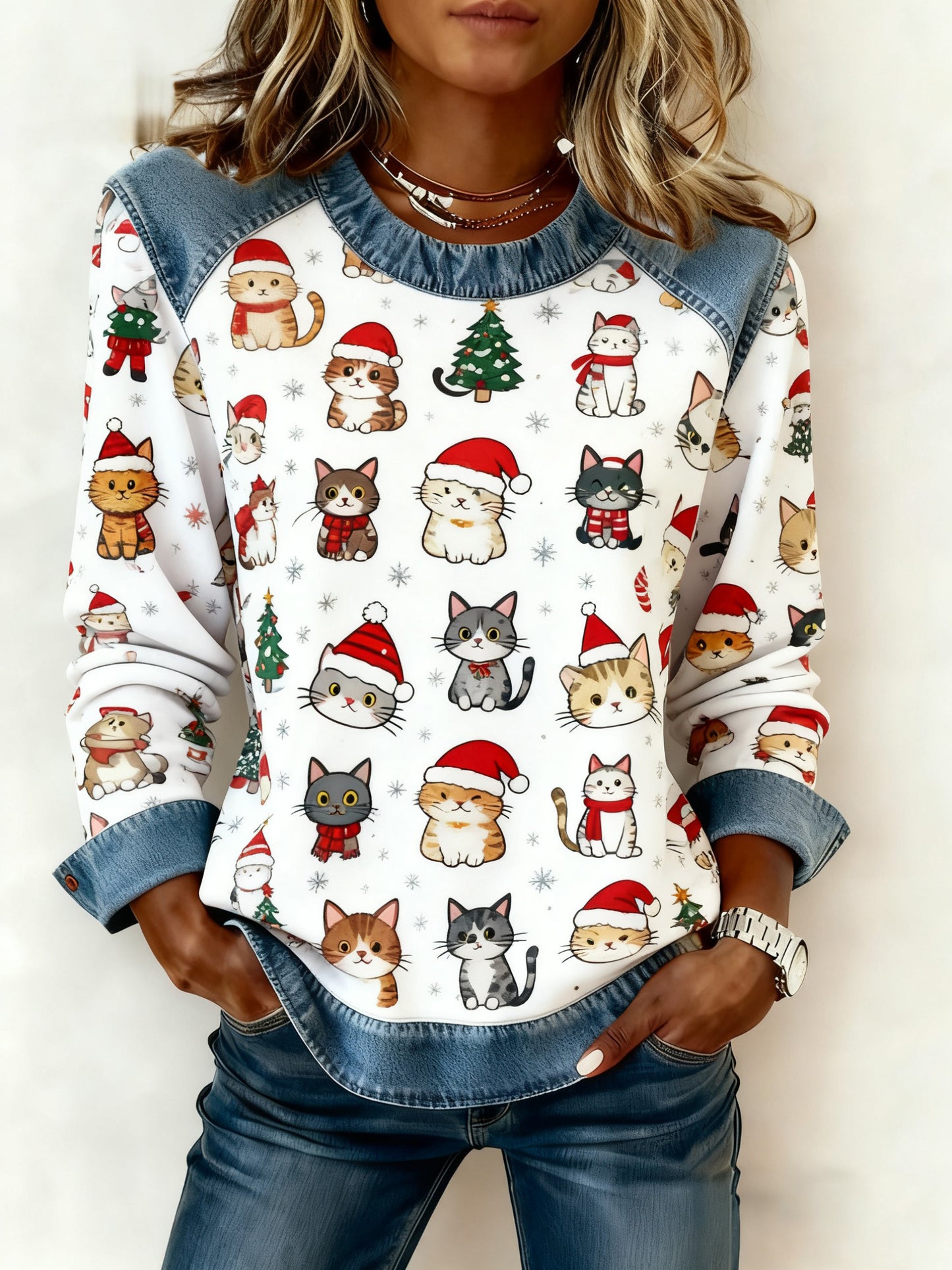 Les femmes de Noël Vintage Cat Denim Patchwork Sweatshirt