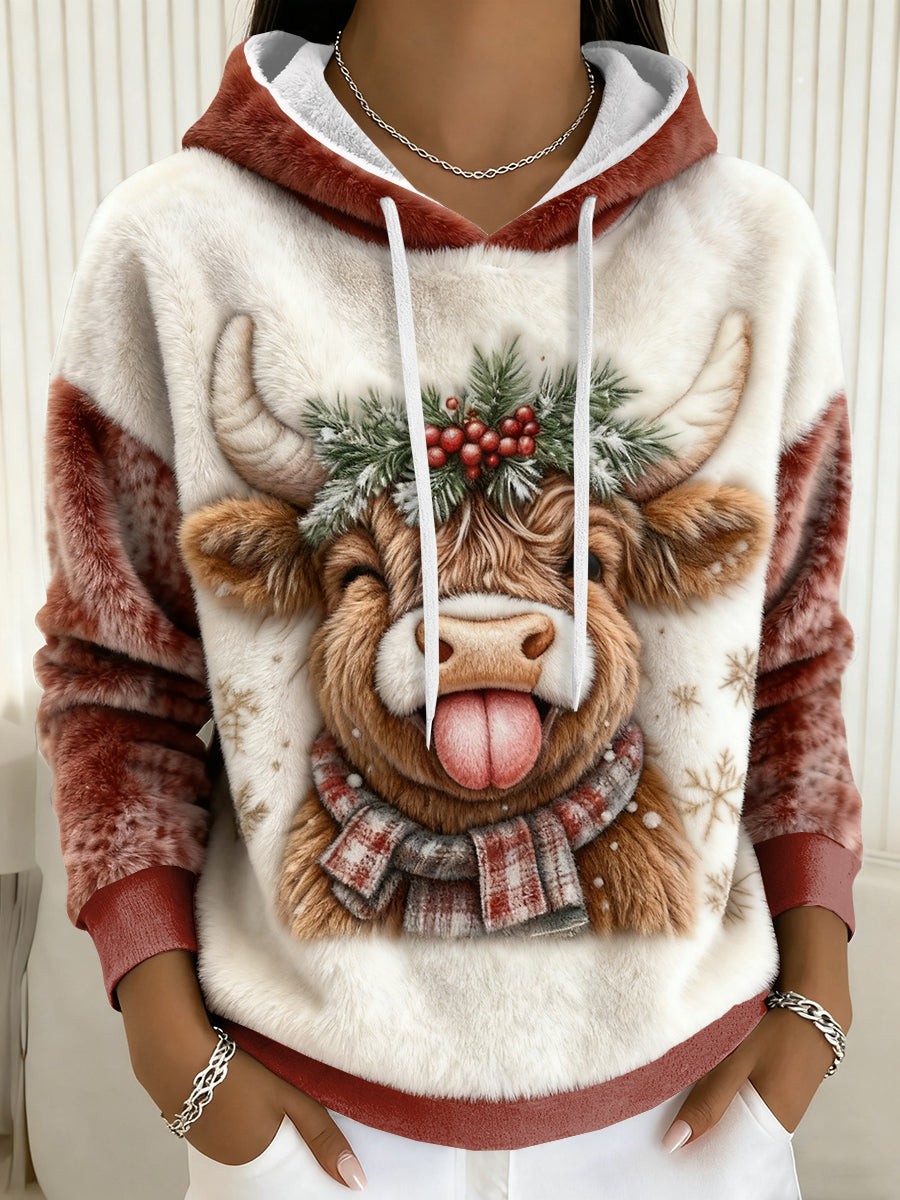 Sweat à capuche en flanelle de Noël Highland Cow Femme
