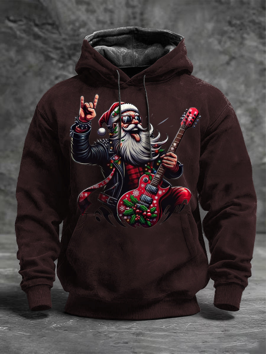 Chandail à capuchon brun Rock Santa Guitar Print Homme