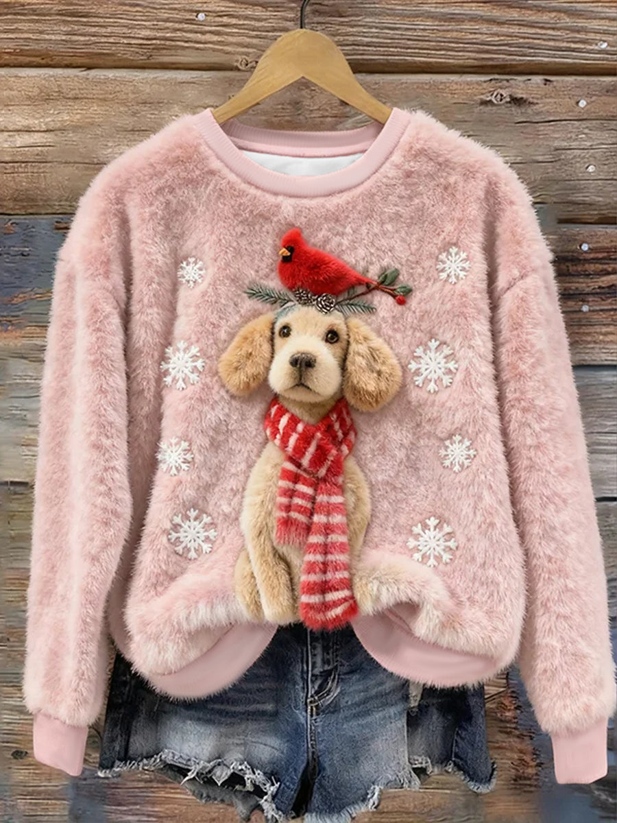 Sweat à capuche en flanelle pour femmes de Noël mignon chien et oiseaux Art